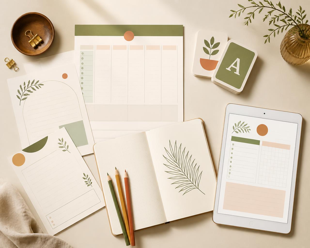 Printable CocoCarves planners, worksheets and flashcards arranged on a cream desk